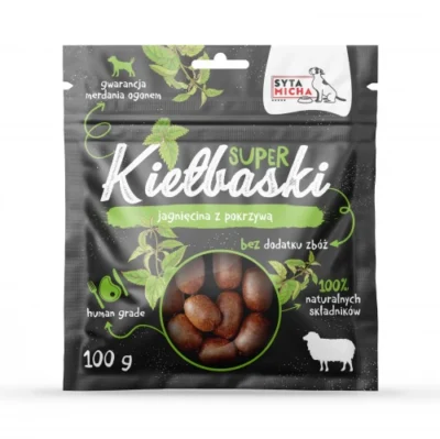 Syta Micha - Super kiełbaski z jagnięciną i pokrzywą - 100g przysmak dla psa miskakarmypl