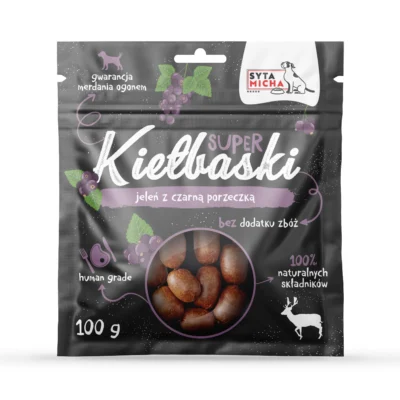 Syta Micha - Super kiełbaski z jeleniem czarna porzeczka - przysmak dla psa 100g - miskakarmypl