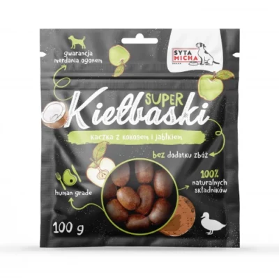 Syta Micha - Super kiełbaski z kaczką, kokosem i jabłkiem - 100g przysmaki dla psa miskakarmypl