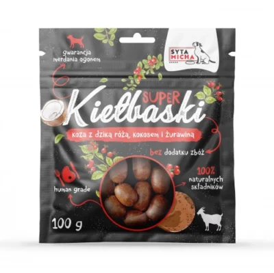 Syta Micha - Super kiełbaski z kozy,dzikiej róży i kokosa - 100g przysmaki dla psa miskakarmypl