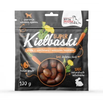 Syta Micha - Super kiełbaski z królikiem, marchewką i mniszkiem lekarskim - 100g przysmak dla psa miskakarmypl