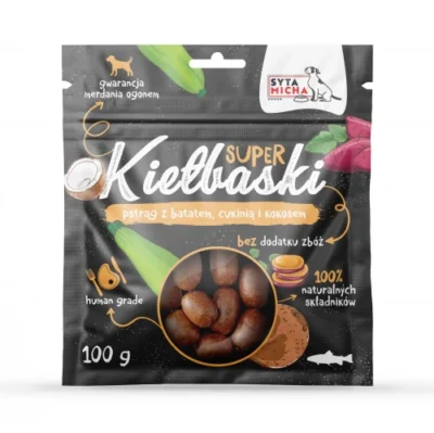 Syta Micha - Super kiełbaski z pstrągiem - 100g przysmak dla psa miskakarmypl